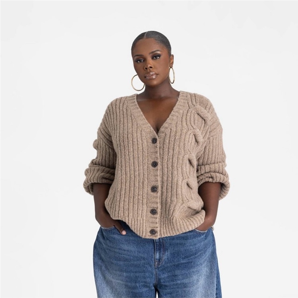 KBB by KAHLANA Women's 'The Cable Mix Cardi' - Tan 3X